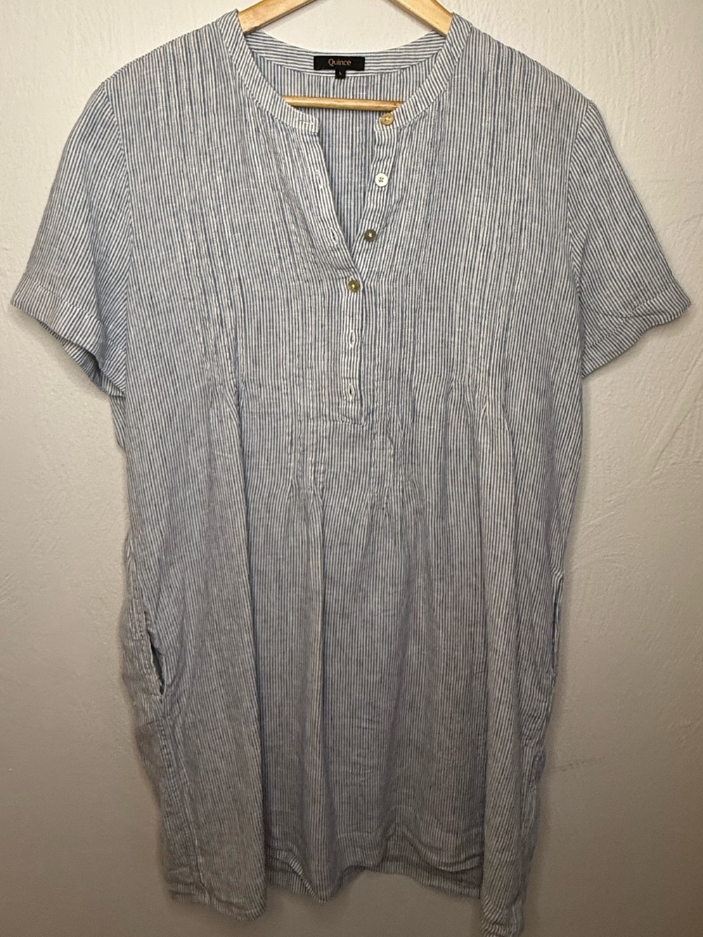 Quince 100% Linen Light Blue Pinstripe Button Sleeveless Swing Dress Size Large